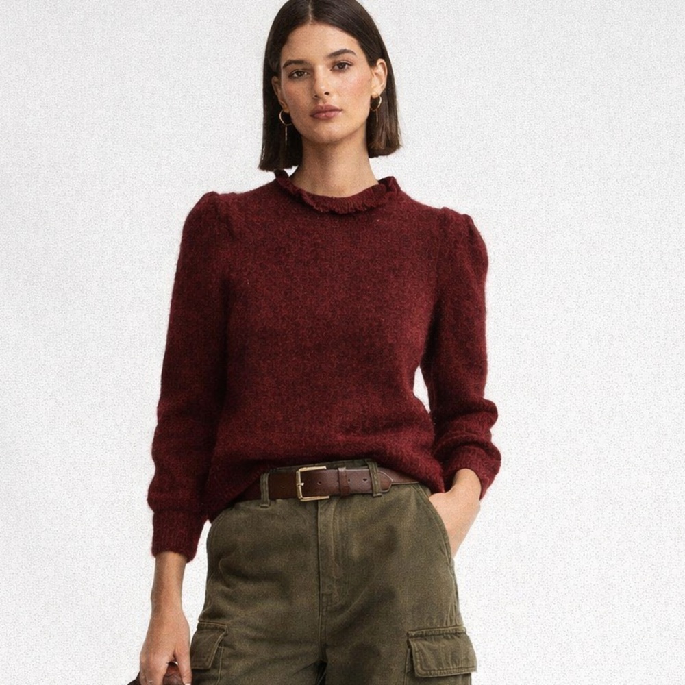 Nation Limited alpaca & merino blend sweater in burnt red color ruffle neck. XS